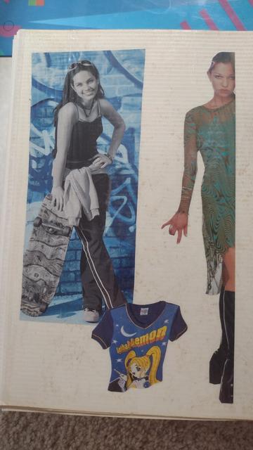 A page from an old photo album with cut-outs from teen magazines from the late 1990s or early 2000s, including a black and white photo of a white model leaning on a skateboard against a blue graffiti background, a white fashion model wearing a psychedelic print dress and tall black boots, and a graphic v-neck tee with a yellow haired anime-style character labeled "Lethal Lemon.”