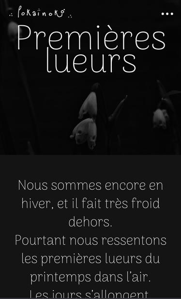 Image d'une page du site Pokainoko intitulée "Premières lueurs" sur une photo noir et blanc très sombre avec des fleurs blanches type perce-neige, fond noir.