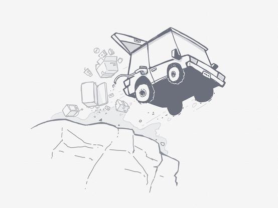 Illustration of a car shooting off of a cliff, suspended in the air. There’s a bunch of cargo flying out of the trunk.