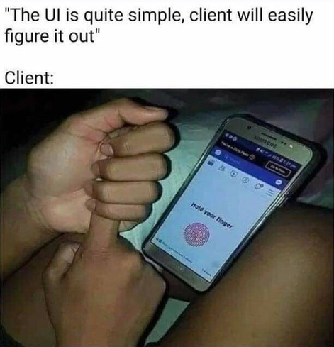 Phone with UI to set up fingerprint access, label saying "Hold your finger" and the user holding their forefinger with their other hand, not touching the screen. Literally holding their finger.
