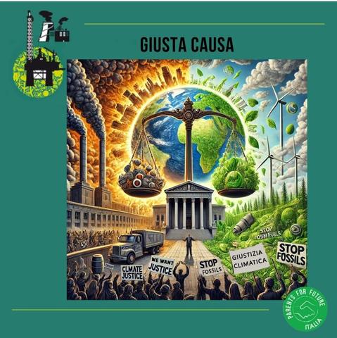 Immagine generata con AI
si vede un tribunale con la bilancia che simboleggia la giustizia, su un piatto le politiche verdi e le energie rinnovabili, sull'altro piatto le energie fossili e l'industria.