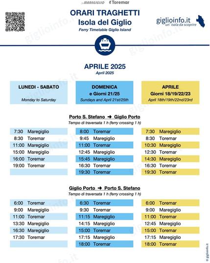 Ferry timetable Giglio Island