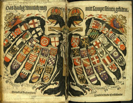 »Quaternionenadler« (Le Saint Empire romain germanique et ses principautés), Jost de Negker sur la base de Hans Burgkmair, Augsbourg 1510, Wikimedia Commons.