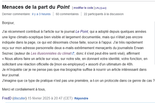 Message from FredD on the French Village Pump.

He reports that one of the emails he received from the journalist says:
"Nous allons faire un article sur vous, sur notre site, en donnant votre identité, votre fonction, en sollicitant une réaction officielle de [l'employeur supposé de FredD]."

Which can be translated by:
"We are going to publish an article about you, on our website, giving your identity, your function, asking for an official response from [the presumed employer for FredD]"