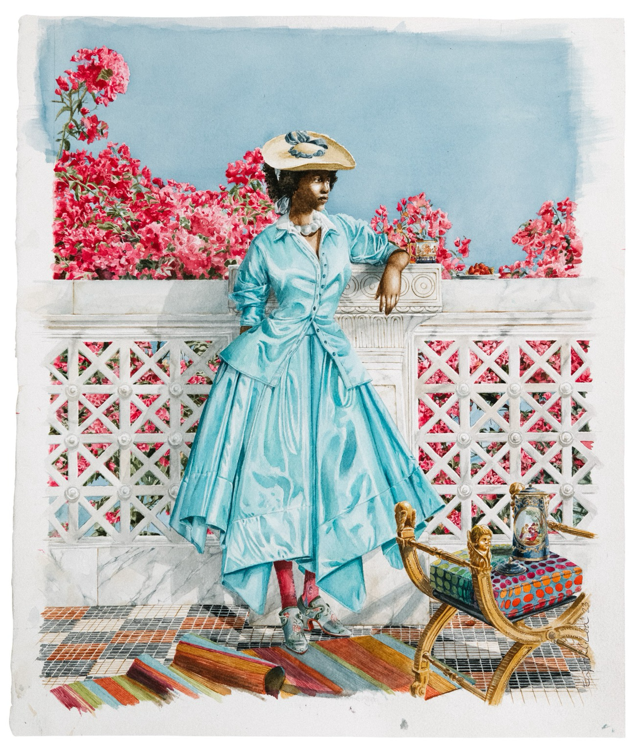 A beautiful young black woman wearing a sky blue fancy dress, stands on a terrace? Veranda? In the background, red/pink flowers and a blue sky. Her arm rests on the column of a lattice work white fence