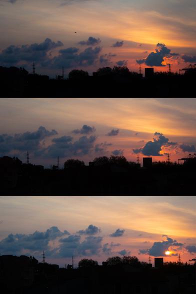 Tre fotogrammi di un’alba dalla mia finestra