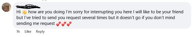 Screen shot of comment from scammer on Facebook asking to be a friend.