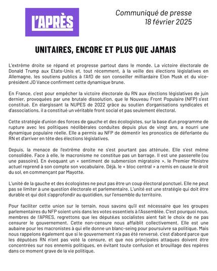 Capture d'écran d'un communiqué de presse de l'Après. Texte intégral à retrouver sur notre site:

https://www.l-apres.fr/unitaires_encore_et_plus_que_jamais