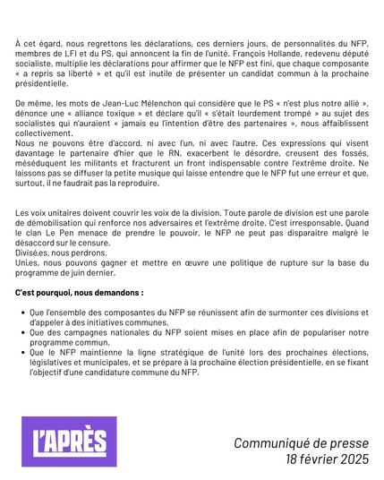 Capture d'écran d'un communiqué de presse de l'Après. Texte intégral à retrouver sur notre site:

https://www.l-apres.fr/unitaires_encore_et_plus_que_jamais