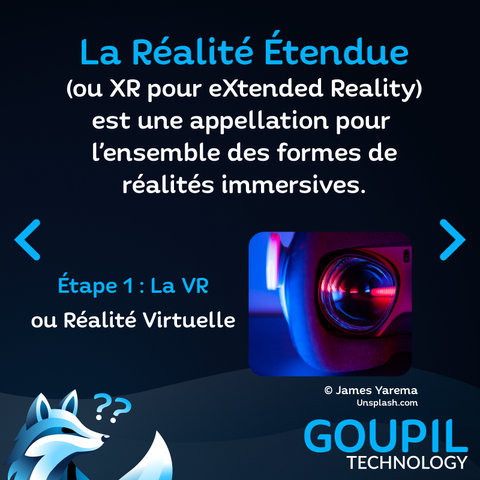 Texte : La Réalité Étendue (ou XR pour eXtended Reality) est une appellation pour l'ensemble des formes de réalités immersives. Étape 1 : La VR, ou réalité virtuelle
Image : Une photo d'une lentille de casque VR avec une ambiance lumineuse dans des tons bleu et rose