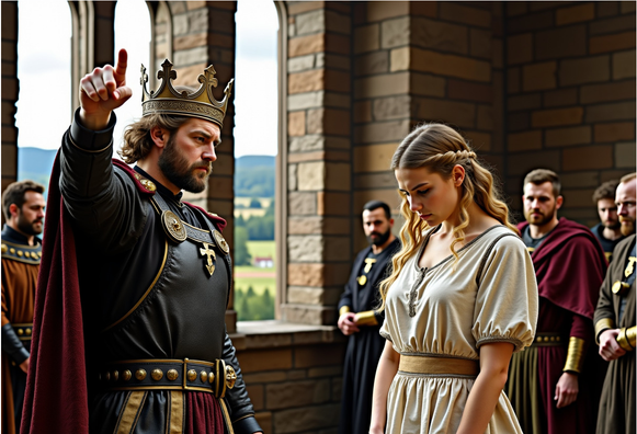 King Albert II chasing the young self-proclaimed healer from the kingdom. A court of nodding counts and dukes contemplates the scene.