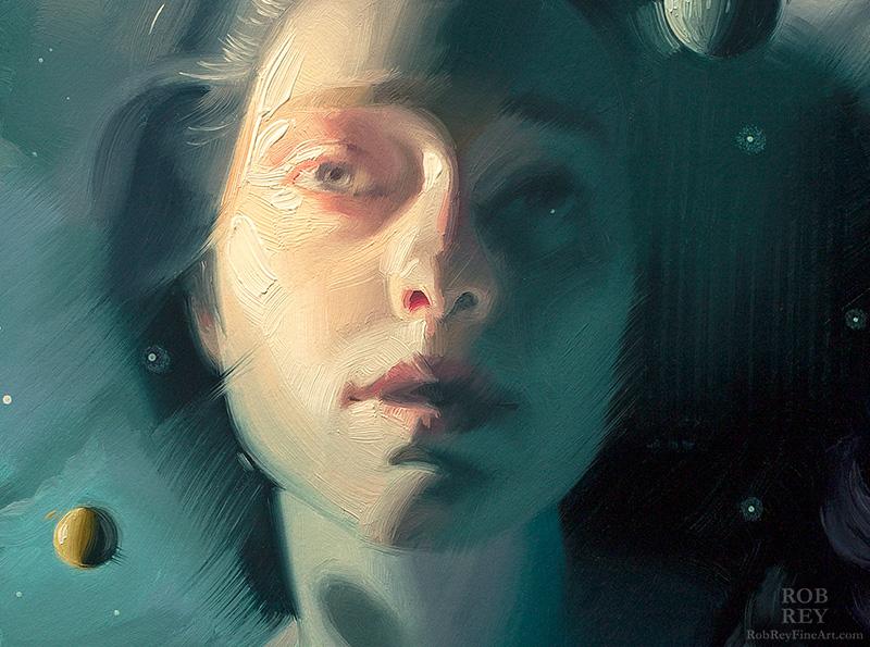 Oil painting portrait of a woman in space with moons