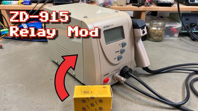 Thumbnail for my video, showing my ZD-915 desoldering station on the workbench with a boxed automotive relay in front of it. A red arrow is pointing from the relay to the desoldering station. The overlayed text reads "ZD-915 Relay Mod".