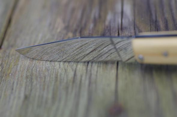 La lame d'un couteau de poche dans lequel se reflète du bois grisé