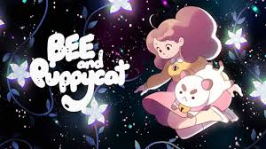 a title card for bee and puppycat, featuring the titular bee and puppycat floating in space next to the title, with about white 5-pedaled flowers on vines evenly dispersed through the scene.