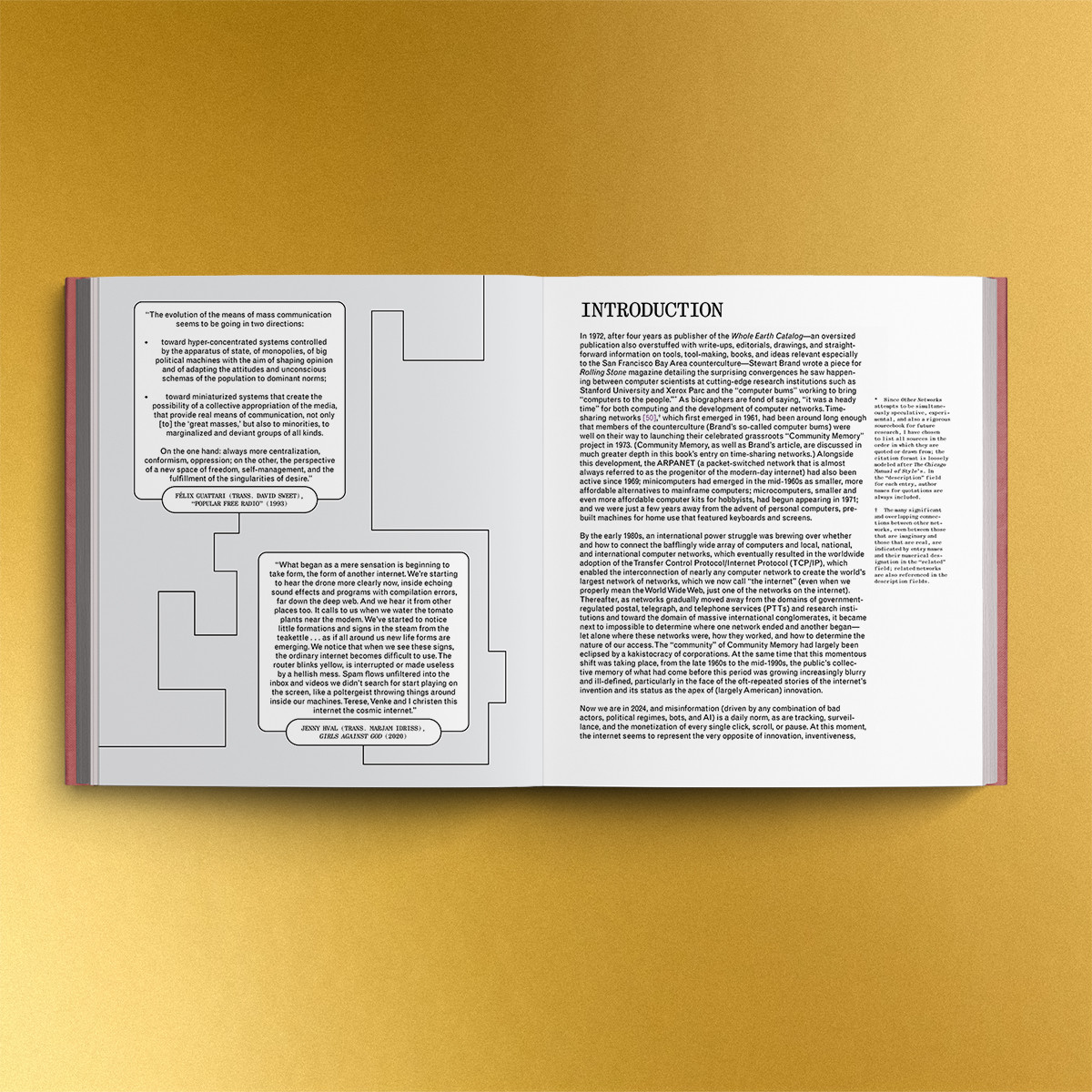 yellow background. book spread open with two cut-out quotes in black boxes with straight black lines emerging from each quote on the left side of the open book. on the right is the first page of the introduction.