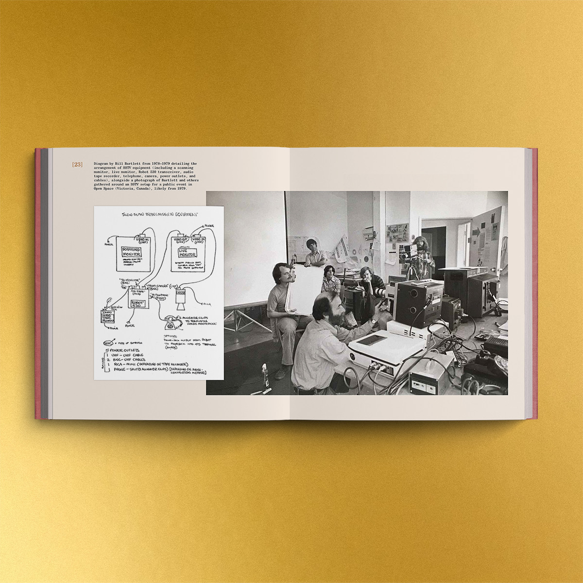 yellow background. book spread open with a black and white photograph spanning both pages that shows Bill Bartlett and others experimenting with slow scan t equipment. overlaid on the photograph is a diagram showing how the group set up and conected their slow scan equipment.