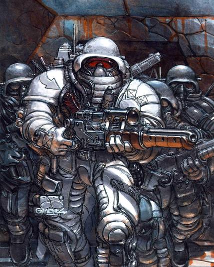 futuristic soldiers in absurdly thick, rubbery battle suits, helmets, and masks are facing us with absurd rifle like weapons, they seem ready for action, but also almost buried within their unwieldy suits