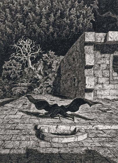 we are looking down the side of an old stone castle as though we were leaning out of a window.  At the base of the wall is a gnarled tree leading into a forest of pines.  We see a figure with a cape billowing around them that is apparently crawling away down the wall, upside down