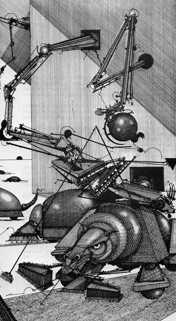 in a style of illustration that uses multitudes of crosshatched lines, a sort of abstract scene with mechanical arms and unknown orbs and machines doing unknown things.  There is a wall and at the base of the wall, abstract mechanical creatures like mice on wheels or maybe rhinos on wheels, their expressions are empty but determined