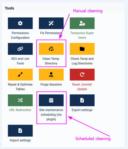 The image shows the "Tools" section in Akeeba Admin Tools. The buttons for cleaning the tmp directory are marked here.