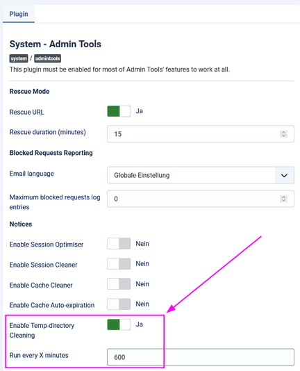 The image shows the options in Akeeba Admin Tools for scheduled cleaning the Joomla tmp directory.