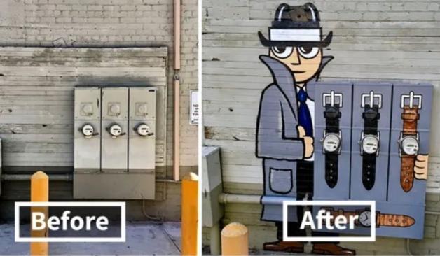 Street art by Tom Bob in California, USA, transforming electrical meters into an interactive mural. The artwork depicts a cartoonish trench-coated figure resembling a classic "watch dealer" from pop culture, using the meters as watch faces on wristbands. The clever integration of urban infrastructure into the design adds a playful touch, turning an otherwise mundane wall into a humorous and eye-catching piece.