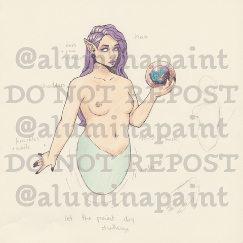 a sketch of the same mermaid, colored with pencils.