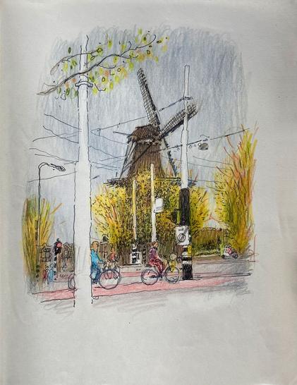 Drawing of a windmill and trees in autumn leaves in Amsterdam.
