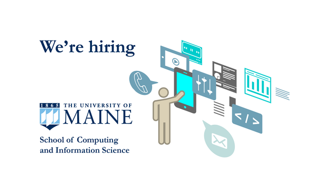 A graphic with the University of Maine crest and a user accessing multiple floating screens.
