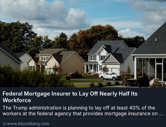 Federal Mortgage Insurer to Lay Off Nearly Half lts g (1) The Trump administration is planning to lay off at least 40% of the workers at the federal agency that provides mortgage insurance on ... ® www.bloomberg.com