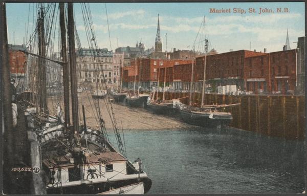 Printed colour postcard showing a view of the Market Slip at St John in New Brunswick, Canada.
Published by The Valentine & Sons Publishing Co Ltd, Montreal & Toronto, No 103,622, c.1905-10.
Postally unused.
Very good condition, with very slight corner bumps and light album marks.
