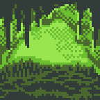 A cavern with dark stalactites above, and fine stalagmites below with an ominous glow in the distance, as 48 x 48 pixel art (resized to 144x144)