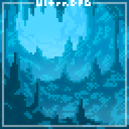 Pixel art of a monochrome blue cavern.