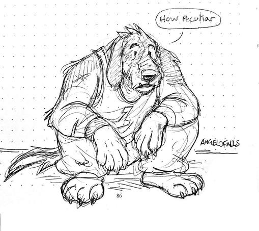 A sketch drawing of a big Griffon Nivernais weredog, crouching down and saying "how peculiar" while looking at something off screen

Signed, AngeloFalls