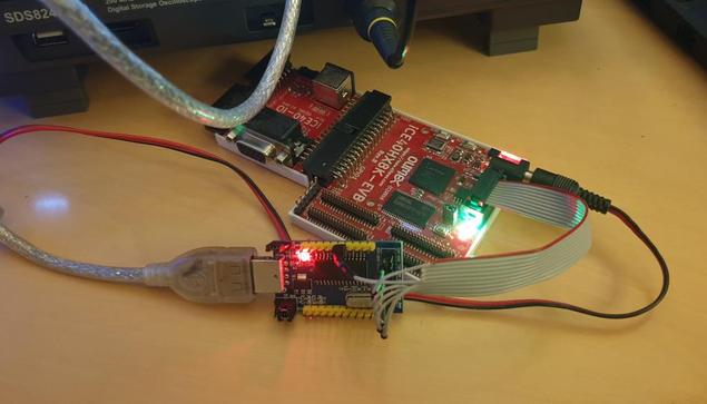 An Olimex ICE40HX8K-EVB connected to a CH341A breakout board