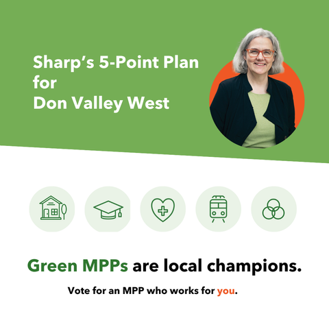 Green graphic with Sheena's picture and the words "Sharp's 5-Point Plan for Don Valley West. Green MPPs are local champions. Vote for an MPP who works for you."