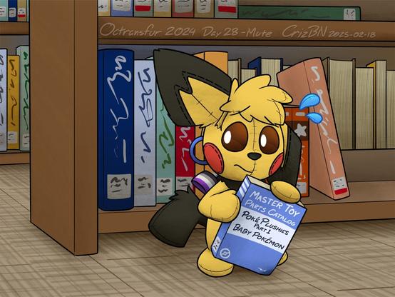 A plushie shiny Pichu nervously hides behind a bookshelf. His broken drawstring hangs over his ear as he clutches a parts catalog. He might've found out how to get spare parts, but finding out how to leave the library without someone "borrowing" him will be another story altogether...
