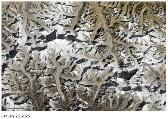 Landsat image - snowline around Mt Everest - Jan. 2025