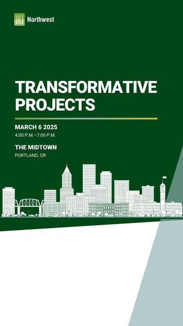 ULI Northwest graphic flyer with illustration of Portland urban skyline over dark green background with white text