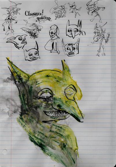 'Clearance! goblins'

There are rough ink outlines of goblin faces,
gesture goblins,
and an ink and wash scraped with an altered butter knife
with acrylics before the wash had dried!
Yellow green black grey melt