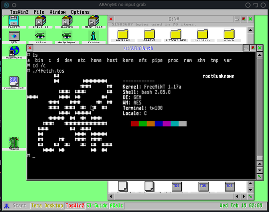 FastFetch running in a TOS window on FreeMiNT, showing a few infos, and the bee logo that likely got copied from neofetch.
