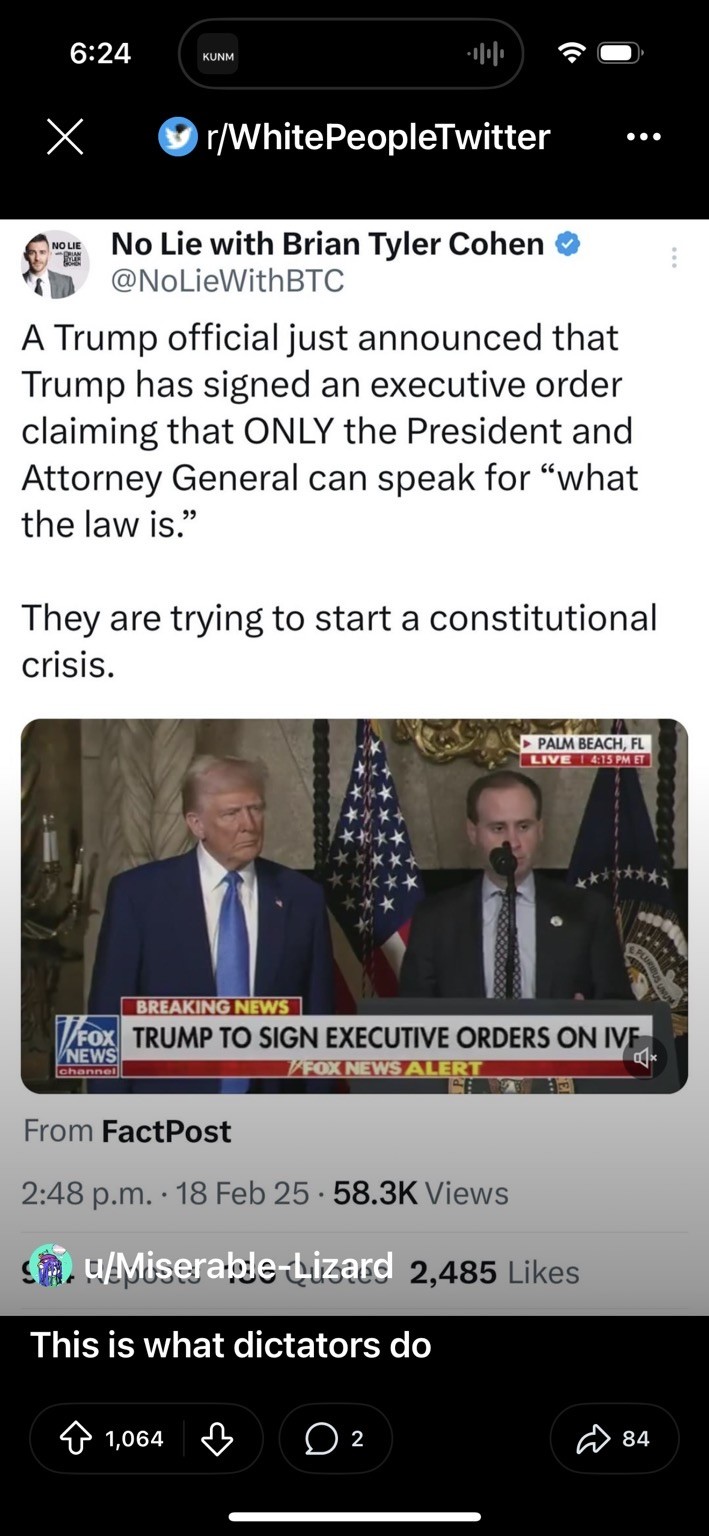 A social media post discussing a press event featuring a Trump official announcing that Trump signed an executive order regarding who can speak on legal matters. Trump is shown alongside another official at a podium. The post expresses concern over a potential constitutional crisis.