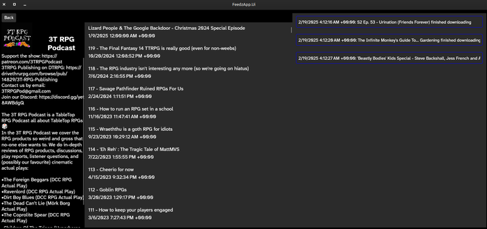 A screenshot of my podcast application, showing the details and episode list on one side, and a list of download complete notifications on the other side.