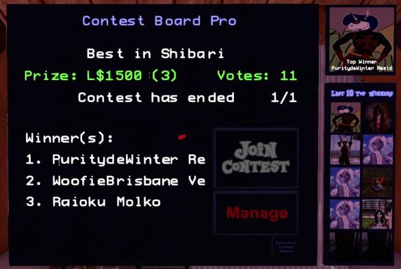 A screen capture of a contest board in the online metaverse of Second Life displaying the costume contest theme, prize money amount in Linden dollars (virtual currency), number of votes, and the top 3 winners.