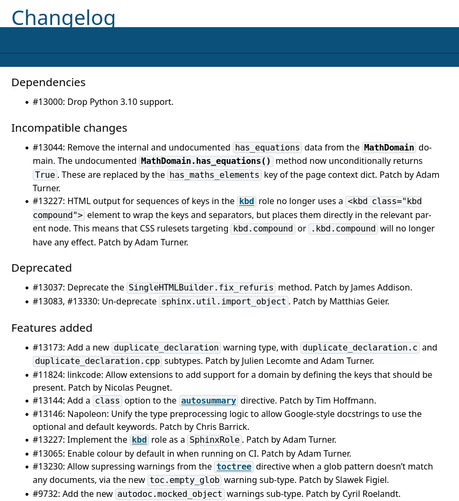 The changelog sphinx page https://www.sphinx-doc.org/en/master/changes/index.html#release-8-2-0-released-feb-18-2025