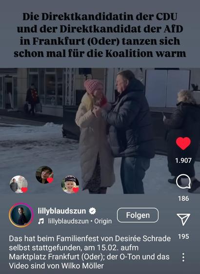 Ausschnitt von Instagram mit zwei Menschen, die im Schnee tanzen. Im Hintergrund sind Ladengeschäfte zu erkennen.