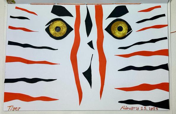 An abstract collage of black and orange wavy lines of varying sizes hinting of a tiger. Horizontal stripes along both sides and two, long orange stripes with a few black shapes down the center. Two golden, black rimmed eyes are beneath black eyebrows.