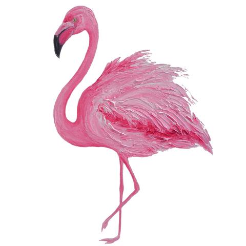 A textured oil painting of a pink Flamingo on a white background.  The bird is standing on one foot. This pretty tropical bird was painted mostly with a palette knife giving a luscious feathery look.