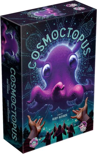 Cosmoctopus games box showing devotees with hands raised towards a dark sky in which sits a huge, cartoonish purple cosmic octopus